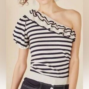 Ulla Johnson Laila asymmetrical one shoulder ruffle striped puff sleeve top